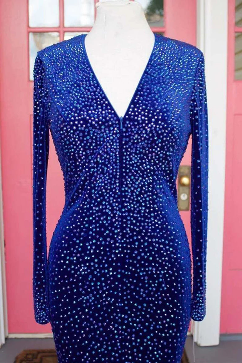 Vestido de fiesta de sirena de manga larga con cuentas de terciopelo
